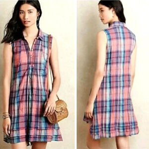 Isabella Sinclair Anthropologie Tillie Shirt Dress Pink Blue Plaid Sleeveless S